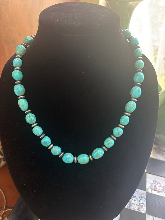 18" 12mm Natural Kingman Potato Beads and 8mm Silver Saucers Necklace - Turquoise Mustang