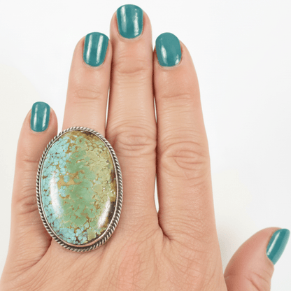 Ring, 250 ct. Royston Oval High Dome Cabochon, fine rope bezel, Zia - Turquoise Mustang