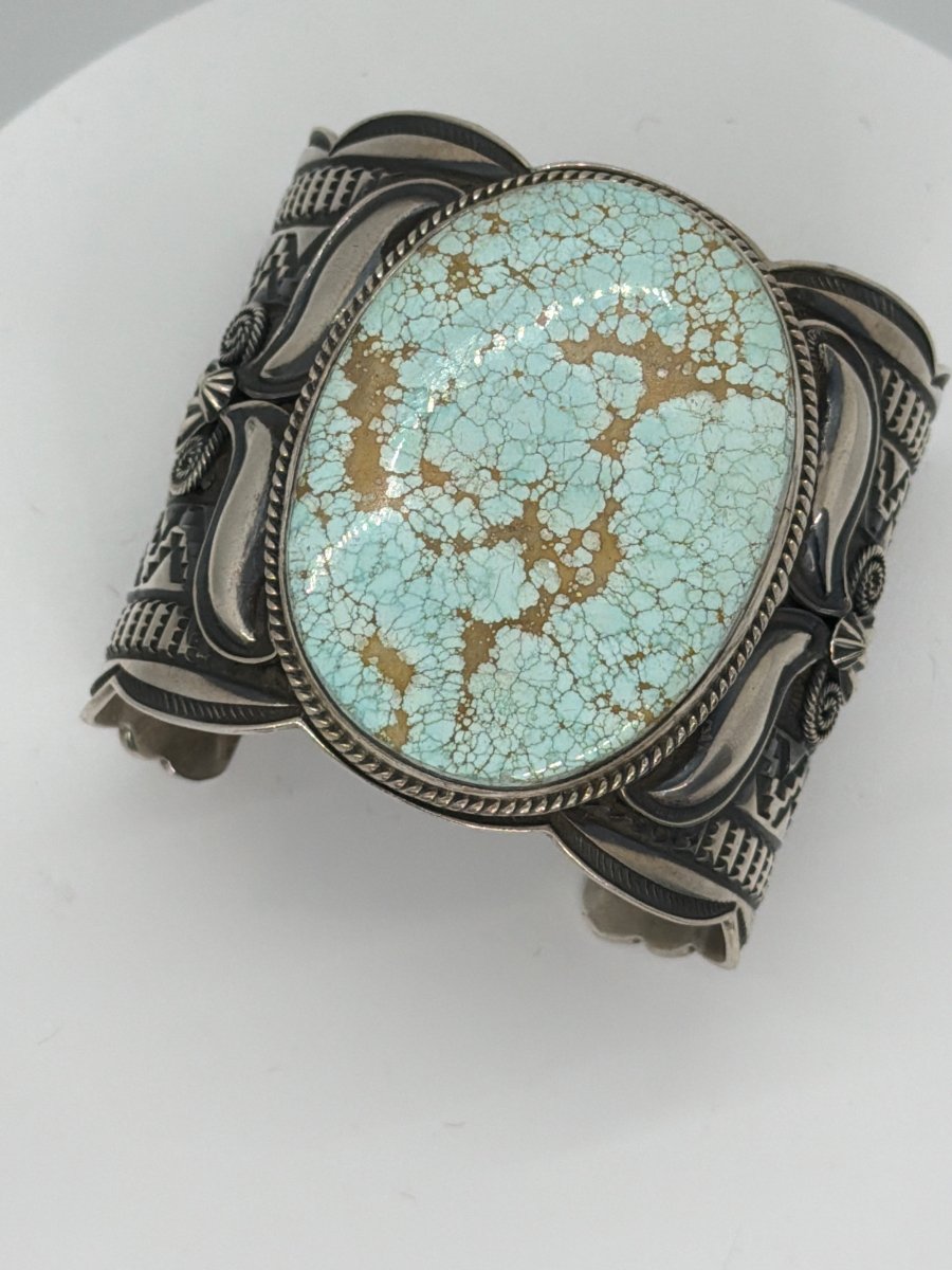 Extra Wide  8 Turquoise Stampwork Cuff Bracelet with Repoussé and Overlay Silverwork, Andy Cadman - Turquoise Mustang