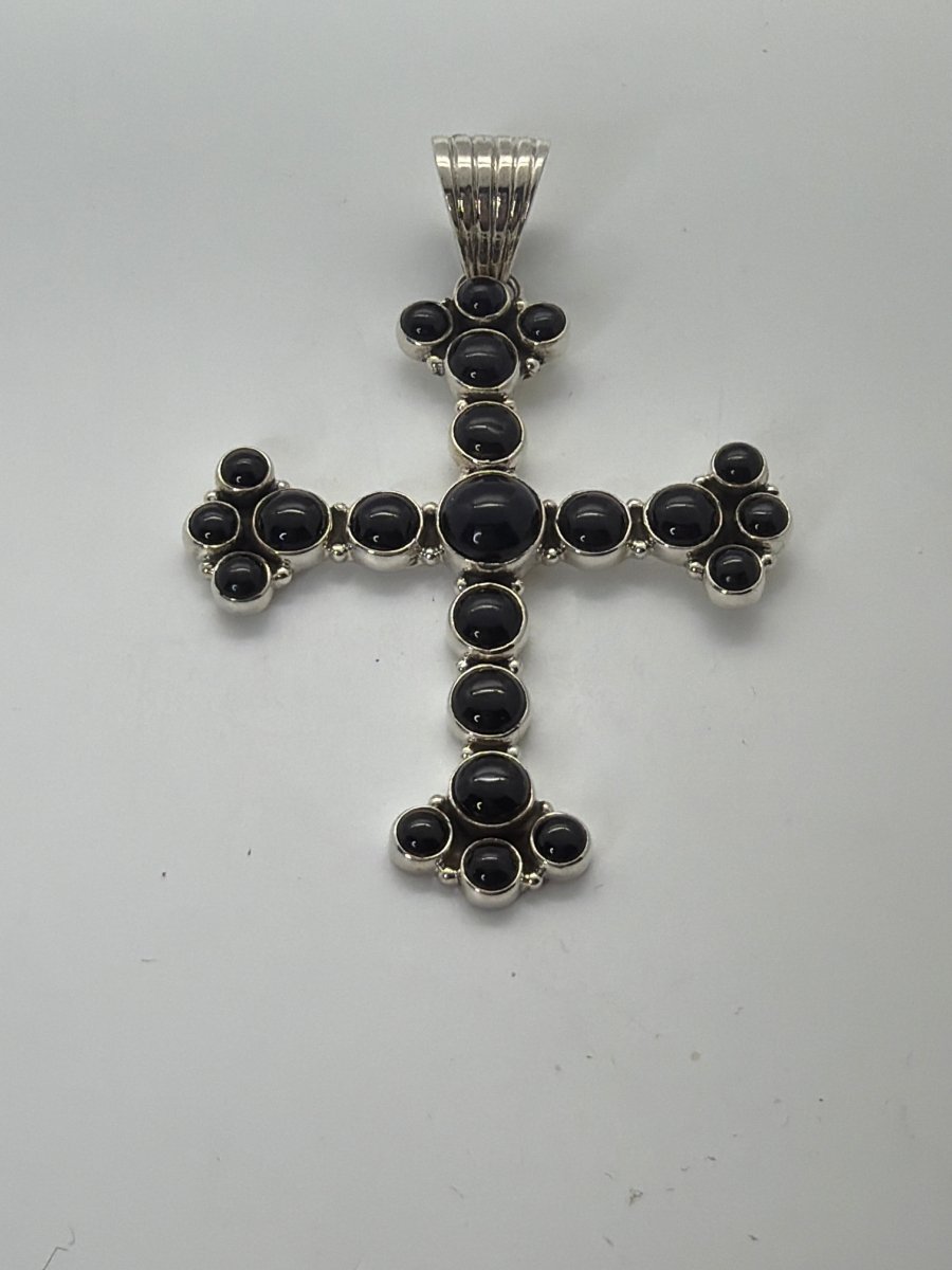 21 - Stone Black Onyx Cluster Cross Pendant in Sterling Silver, Dan Dodson - Turquoise Mustang