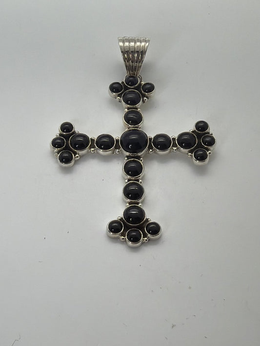 21 - Stone Black Onyx Cluster Cross Pendant in Sterling Silver, Dan Dodson - Turquoise Mustang