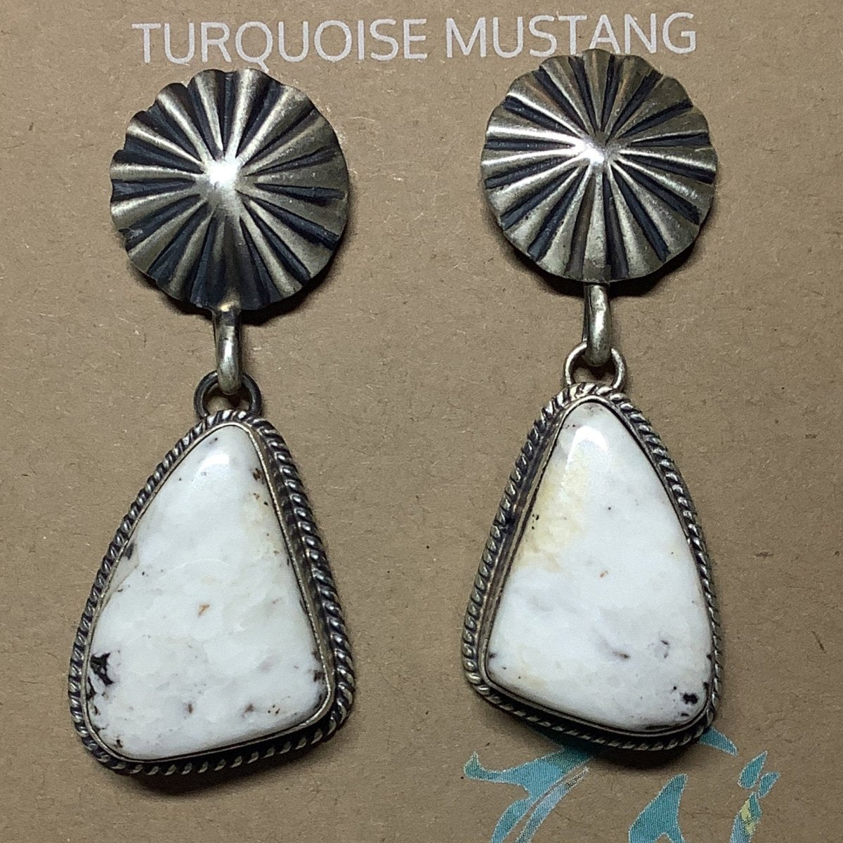 Earring, freeform white buffalo w Sunburst concho posts, Arnold Yazzie - Turquoise Mustang