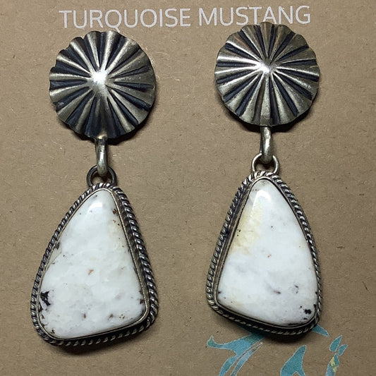 Earring, freeform white buffalo w Sunburst concho posts, Arnold Yazzie - Turquoise Mustang