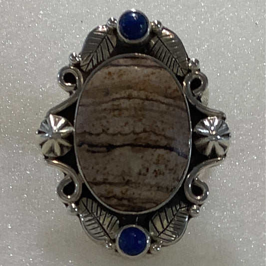 Ring, Jasper, Oval with 2 lapis rounds North & South,Overlay Bezel, DD - Turquoise Mustang