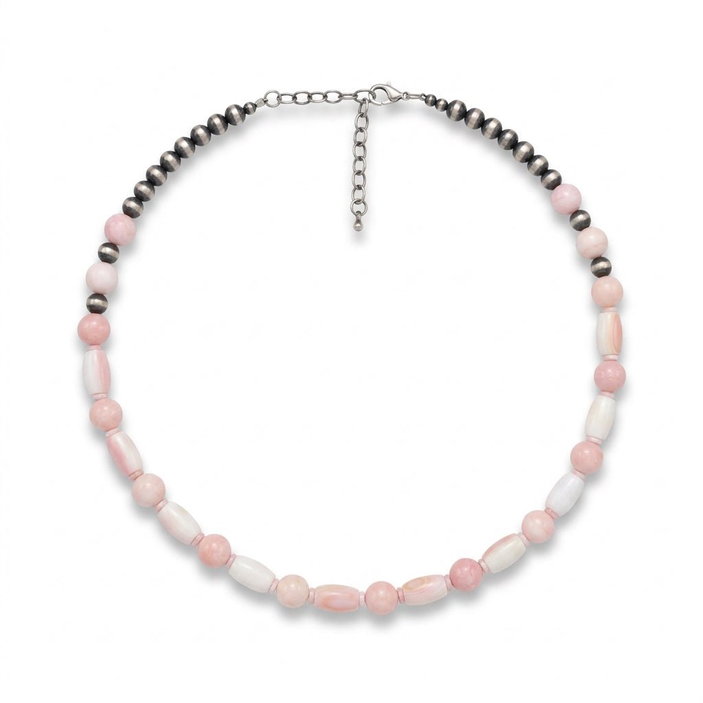 22" Pink Conch Shell & Sterling Silver Bead Necklace - Turquoise Mustang