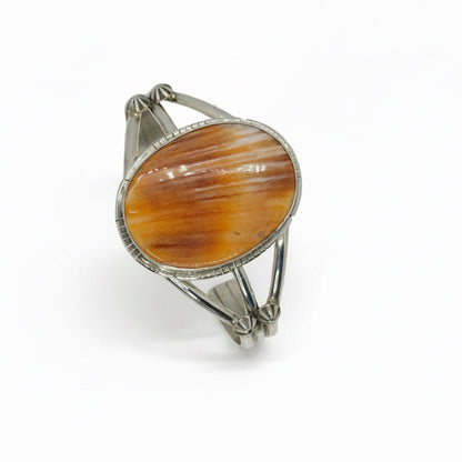 Dainty Sterling Silver Cuff with Large Oval Orange Spiny Oyster Centerpiece by Sam Etsitty - Turquoise Mustang