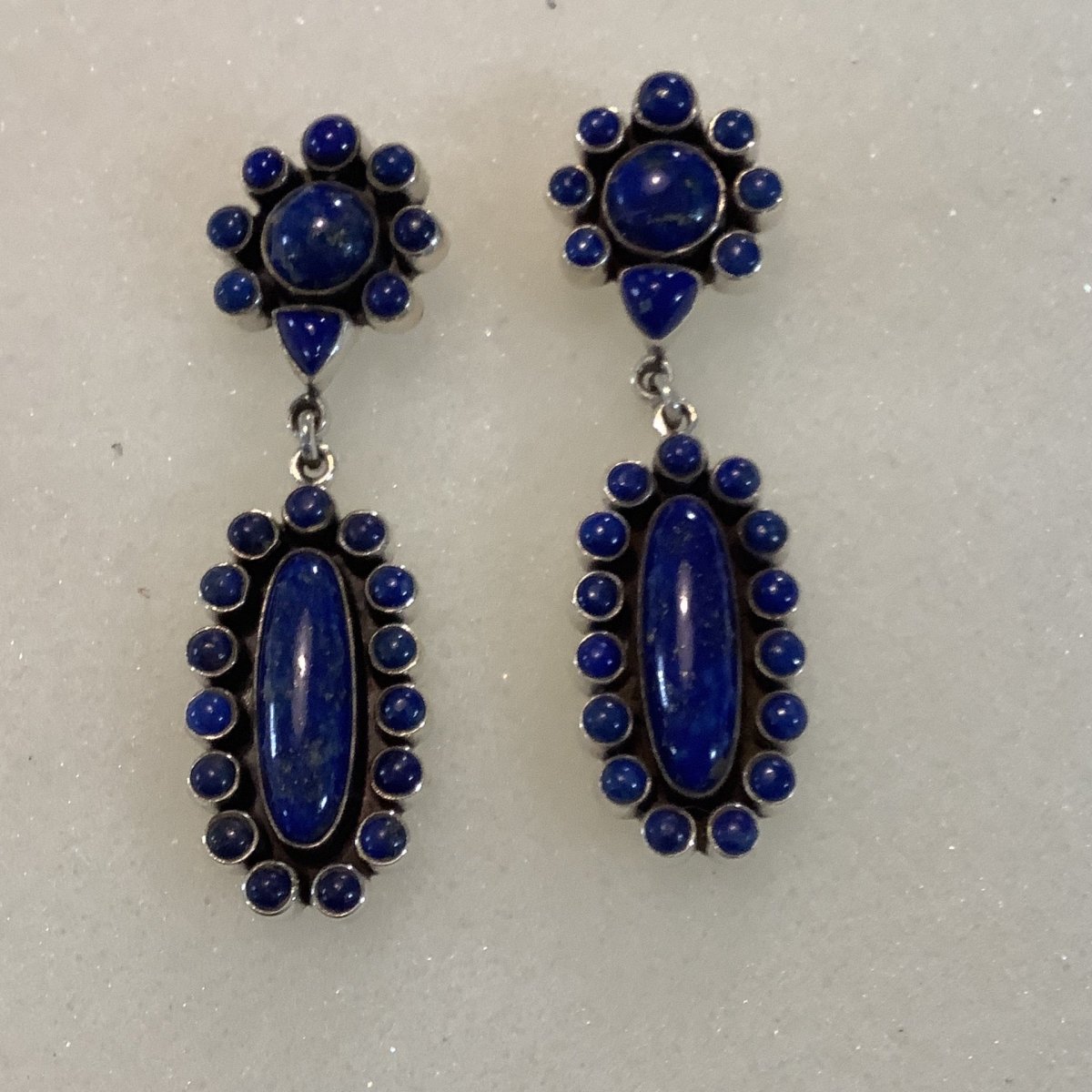 Earrings, Lapis Lapis,Oval Cluster drop on Round Cluster Stud, DD (1) - Turquoise Mustang