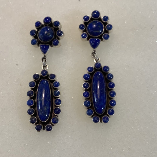 Earrings, Lapis Lapis,Oval Cluster drop on Round Cluster Stud, DD (1) - Turquoise Mustang