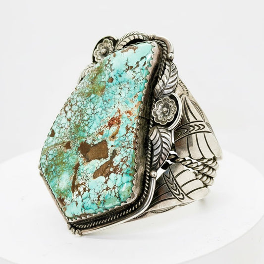 Vintage Navajo Turquoise 3 - Piece Statement Set — Mega Cuff, Ring & Belt Buckle | Sterling Silver Rosette & Leaf Appliqué, Thompson Platero - Turquoise Mustang