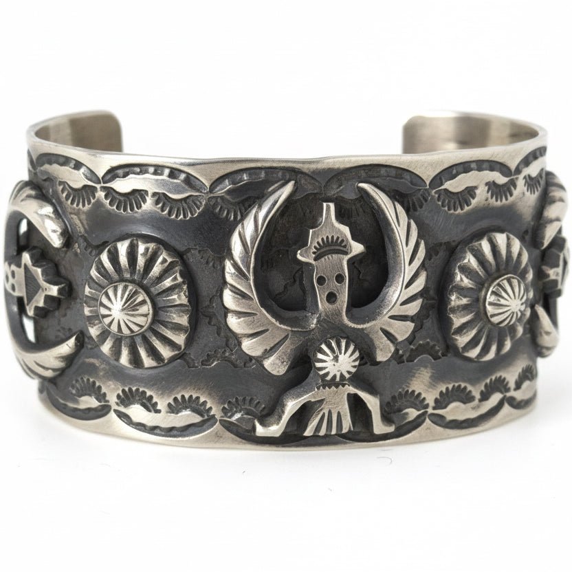 Knifewing Kachina Mega Sterling Silver Dimensional Cuff Bracelet, Chimney Butte, Juan G. - Turquoise Mustang