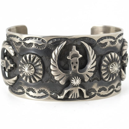Knifewing Kachina Mega Sterling Silver Dimensional Cuff Bracelet, Chimney Butte, Juan G. - Turquoise Mustang
