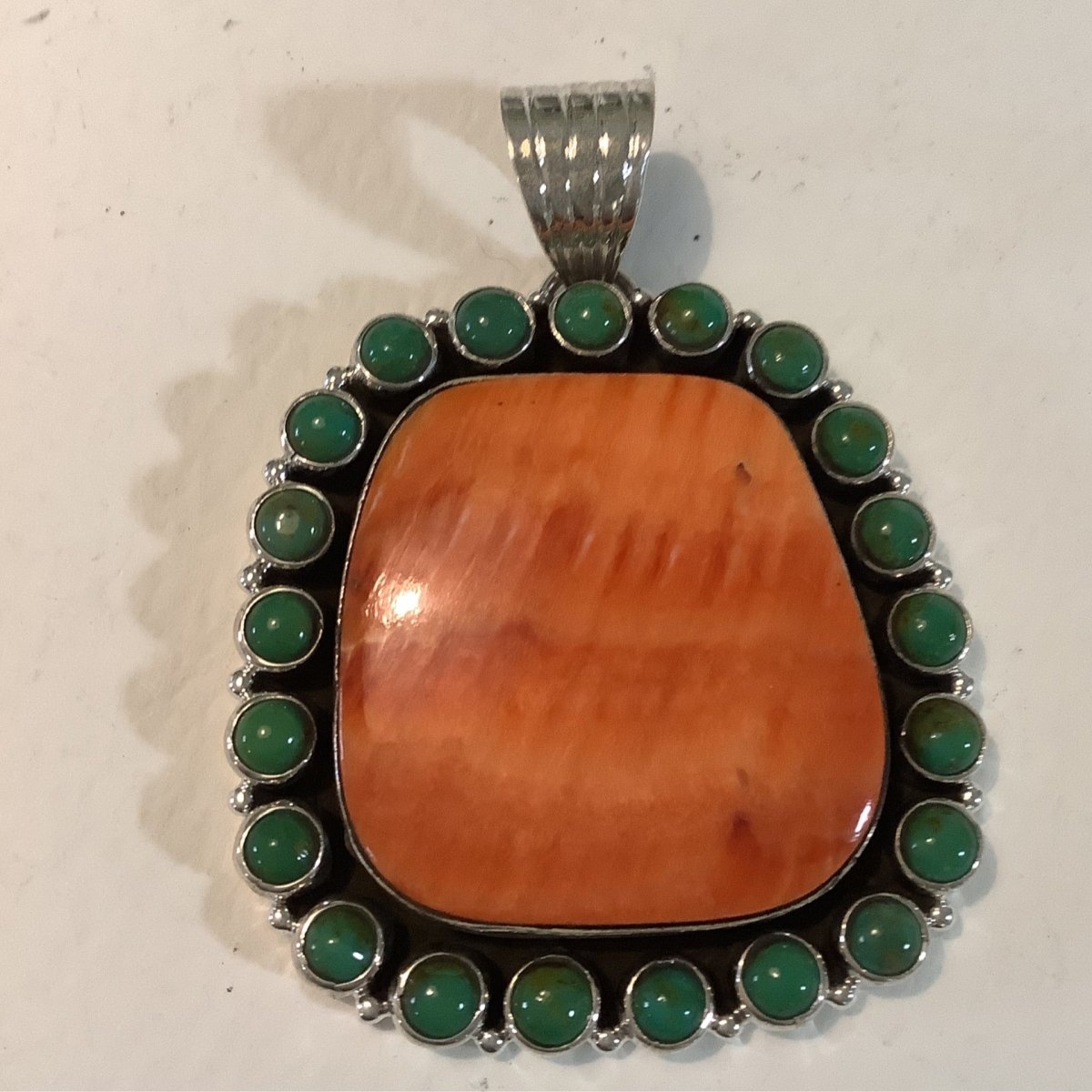 Pendant, Spiny Oyster, Large Freeform with 21 rf. TQ bezel, DD - Turquoise Mustang