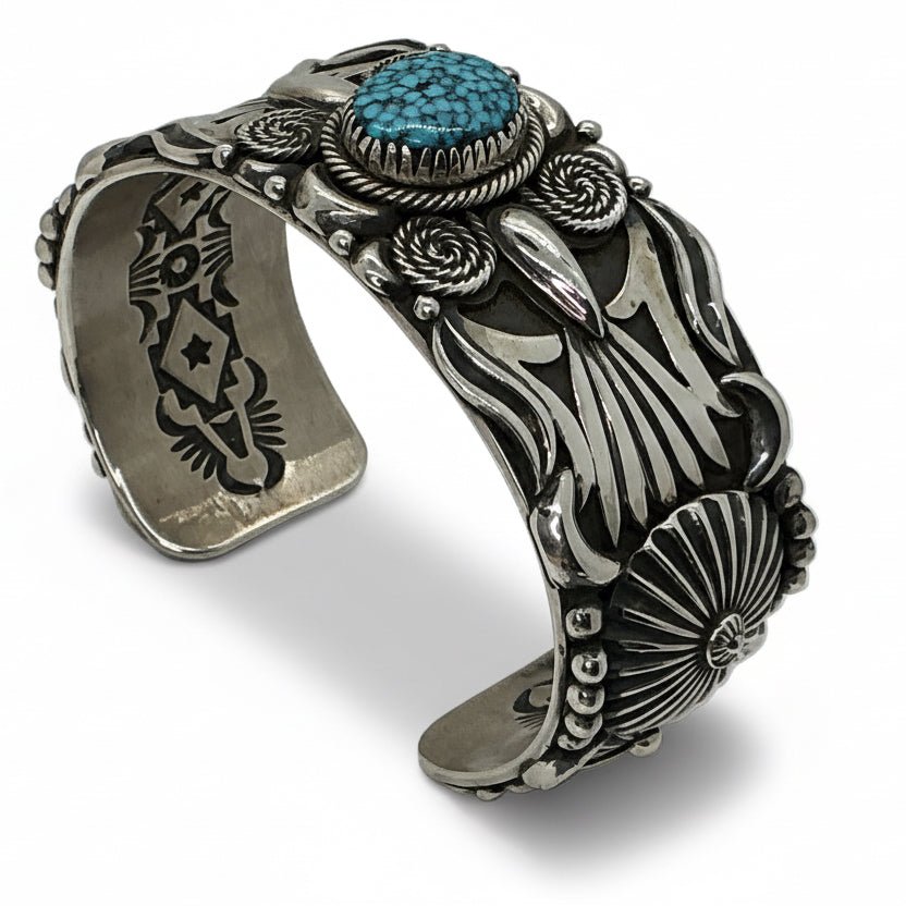 Heavy Peyote and Curled Rope Overlay Cuff with Oval Spiderweb Kingman Stone by Delbert Gordon - Turquoise Mustang