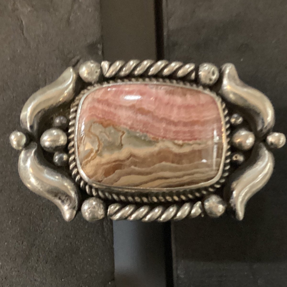 Ring, rhodochrosite cushion, Repousse and Rope accents, Albert Jake - Turquoise Mustang