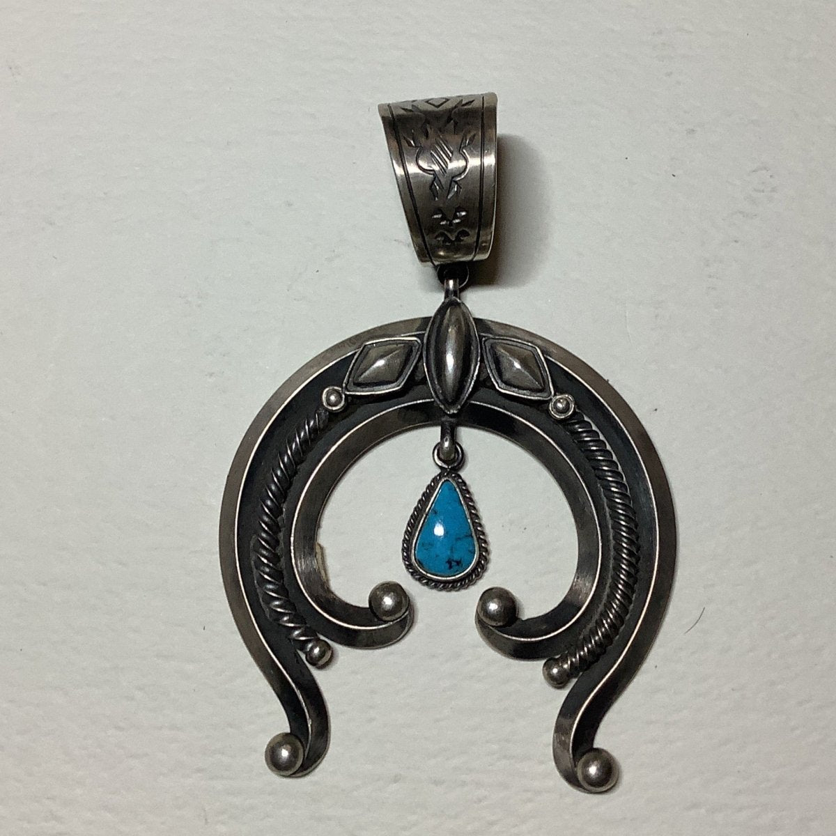 Large Naja Pendant with Dangling Blue Diamond Turquoise Teardrop, Derrick Gordon - Turquoise Mustang