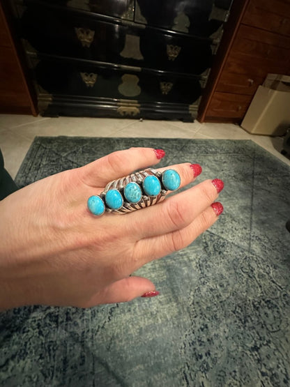 Five Oval Stone Ring with Seven Split Shank, by Tim Yazzie - Turquoise Mustang