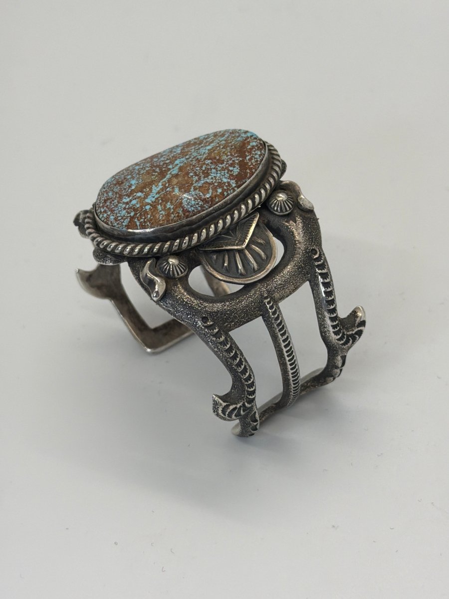 Tufa Cast with Stampwork Cuff Bracelet, Lg. Oval 8, Robert Delgarito - Turquoise Mustang