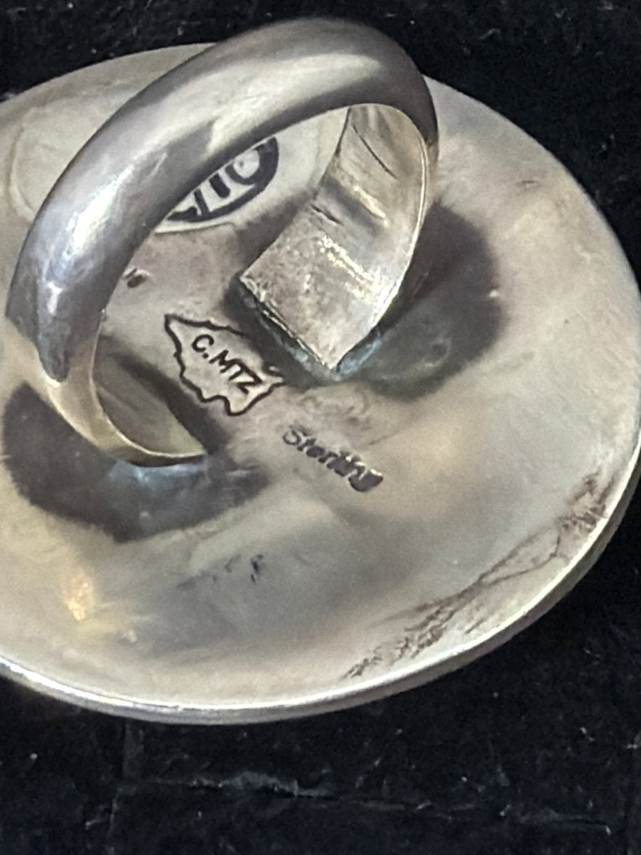 Heavy Round Concho/Shield Stamp Work Ring Size 8.5 by Calvin Martinez - Turquoise Mustang