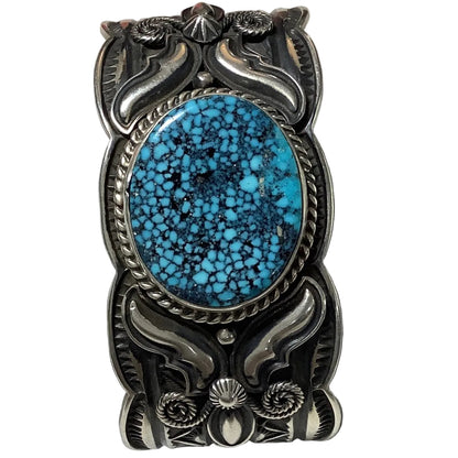 Heavy Repoussé & Overlay Cuff with Oval Black Spiderweb Kingman, by Andy Cadman - Turquoise Mustang