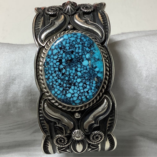 Heavy Repoussé & Overlay Cuff with Oval Black Spiderweb Kingman, by Andy Cadman - Turquoise Mustang