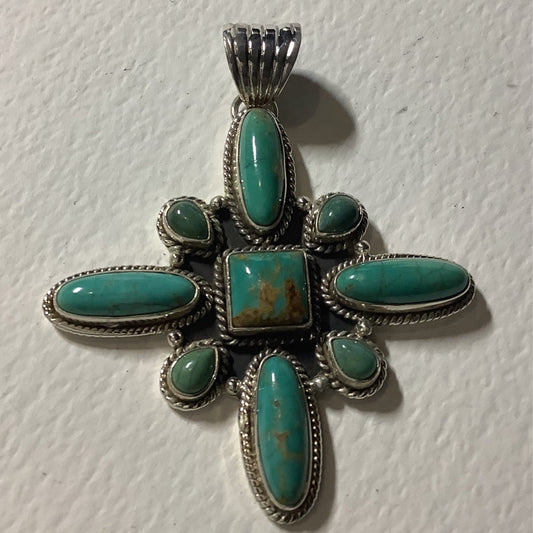 Pendant, Turquoise, Small Square center Cluster with 9 Turquoise cabs, rope Bezel, DD - Turquoise Mustang