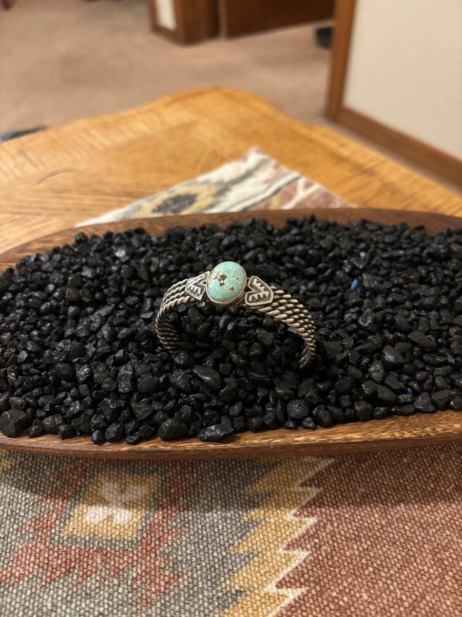 Bracelet, 1 Stone On 4 Strand Twisted Wire, Dry Creek, by Chris Yazzie - Turquoise Mustang