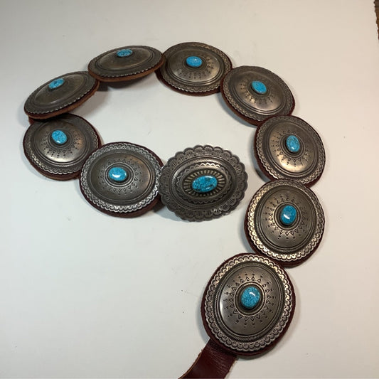 Concho Belt, Huge, buckle + 9 Conchos with Birds - Eye waterweb Kingman, Calvin Martinez - Turquoise Mustang