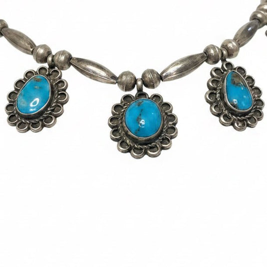 Morenci Turquoise Three - Station Vintage Necklace, Navajo Bench Bead, 17" - Turquoise Mustang