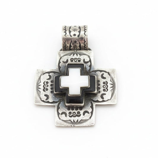 Pendant, Cross, Navajo style with stacked Black Onyx and White Jade Cross Cabs, DD - Turquoise Mustang