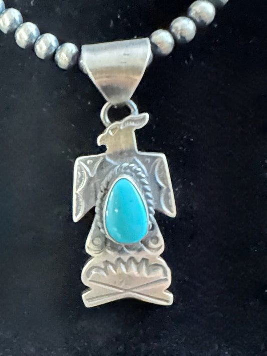 Vintage Thunderbird Pendant with Turquoise Center, Sterling Silver, Hallmarked “F” - Turquoise Mustang