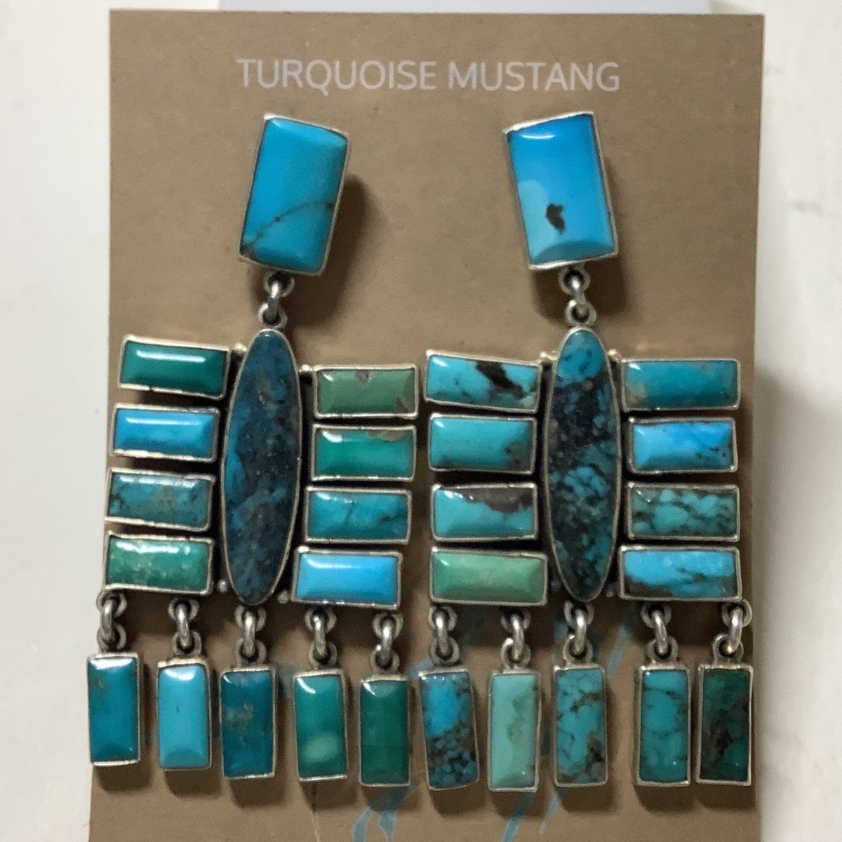 Earring, rect. posts w/ narrow ovals and rect clusters, Kingman, Della & Francis James - Turquoise Mustang
