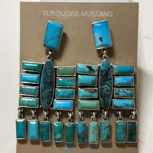 Earring, rect. posts w/ narrow ovals and rect clusters, Kingman, Della & Francis James - Turquoise Mustang