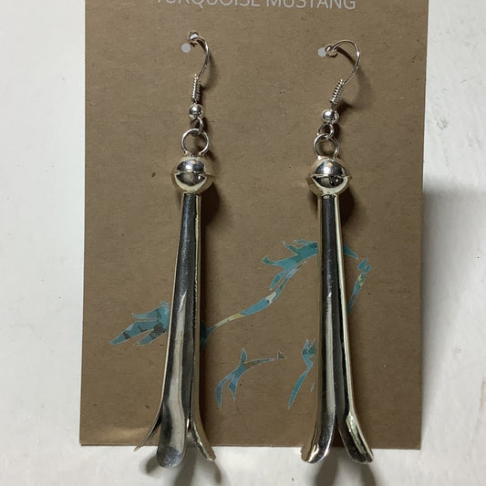 Earring, very long bright silver Squash Blossoms, Don Small Canyon - Turquoise Mustang