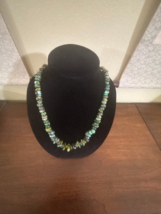 Necklace, 22” Natural Polychrome Hubei Turquoise Nuggets w/ Navajo Pearl Ends and Sterling Clasp - Turquoise Mustang