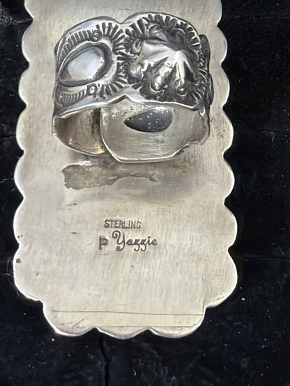 Rectangular Kingman Turquoise Cluster Ring, Adjustable Patrick Yazzie - Turquoise Mustang