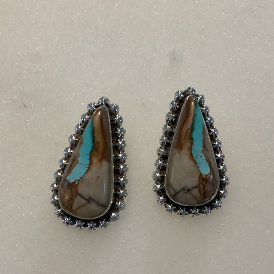 Earrings, Royston Ribbon Turquoise Cab, medium teardrop, star bez, stud, DD - Turquoise Mustang
