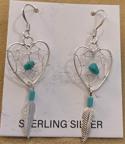 Earring, Heart Dreamcatcher w/ tq nugget & feather, - Turquoise Mustang