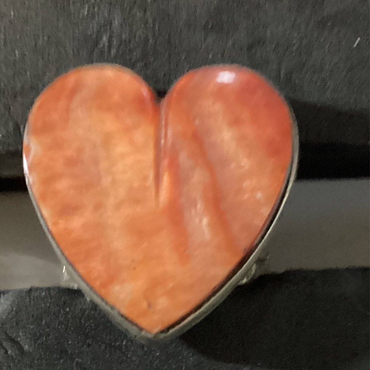 Ring, Orange Spiny Oyster, Heart with Stamped shank and bezel, DD - Turquoise Mustang