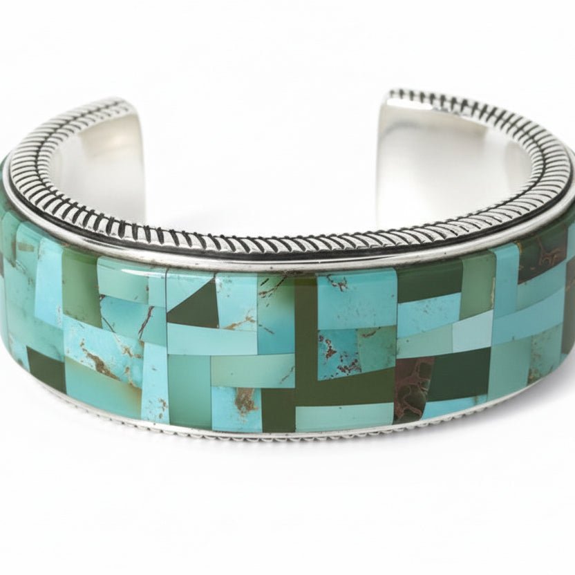 Multi-Mine Turquoise Mosaic Inlay Cuff by R. Bennett, Navajo - Turquoise Mustang