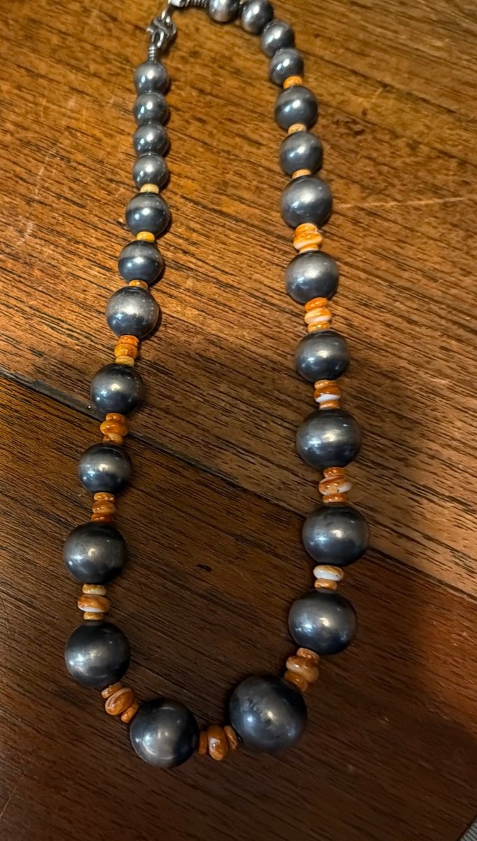 18” Graduated Native Pearls 8mm to 18mm with 6mm and 8mm Orange Spiny Accent Rondelles - Turquoise Mustang