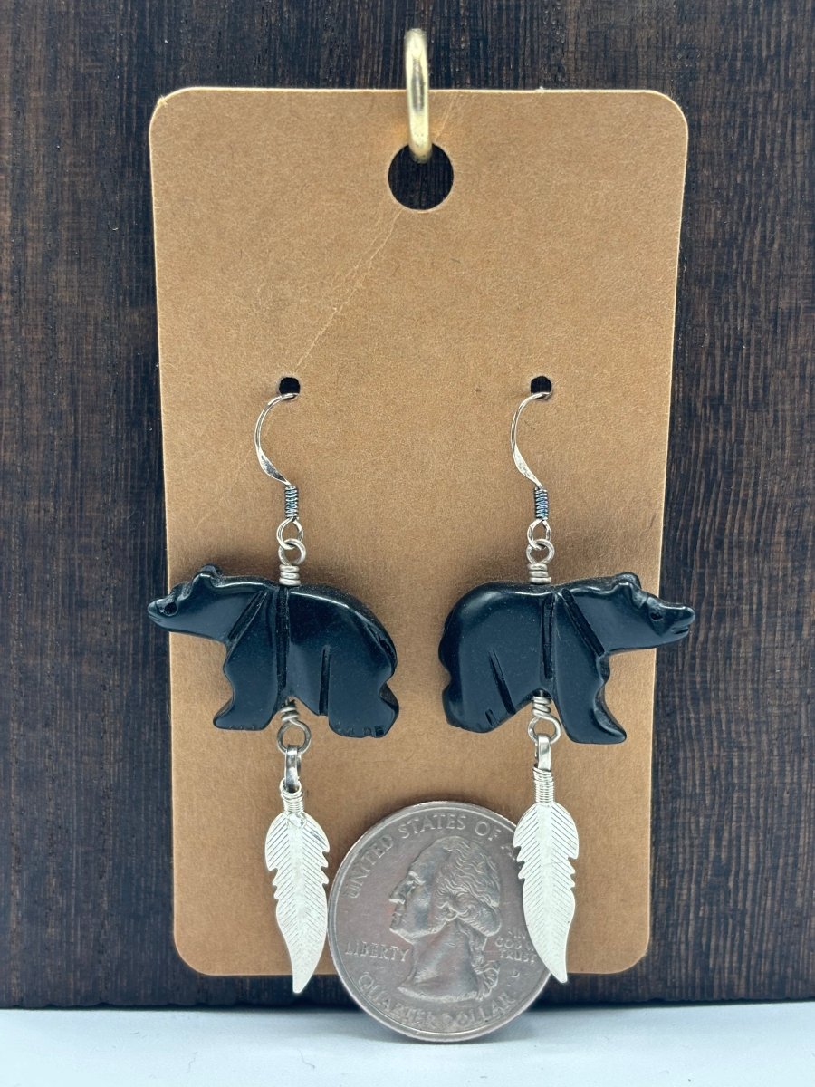 Earring, Black Onyx Bear with Feather Dangle, Native - Turquoise Mustang