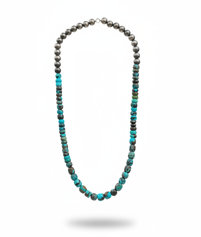 19” x 10 - 12mm Polychrome Cloud Mountain Turquoise Necklace with 8mm Silver Pearls - Turquoise Mustang