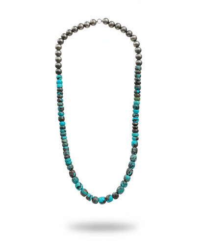 19” x 10 - 12mm Polychrome Cloud Mountain Turquoise Necklace with 8mm Silver Pearls - Turquoise Mustang