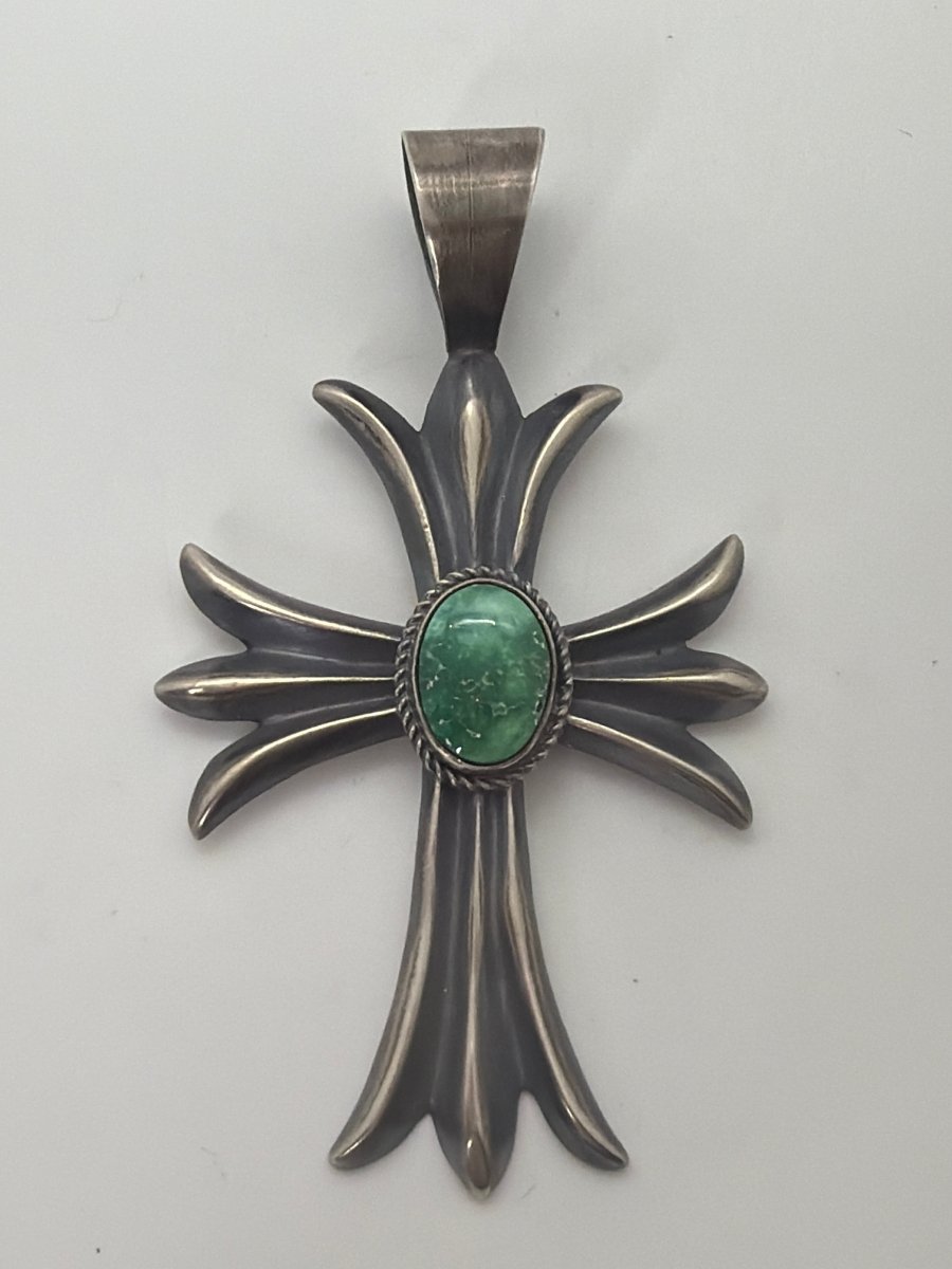 Large Royston Turquoise and Sterling Silver Cross Pendant, Harrison Bitsue - Turquoise Mustang