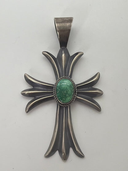 Large Royston Turquoise and Sterling Silver Cross Pendant, Harrison Bitsue - Turquoise Mustang