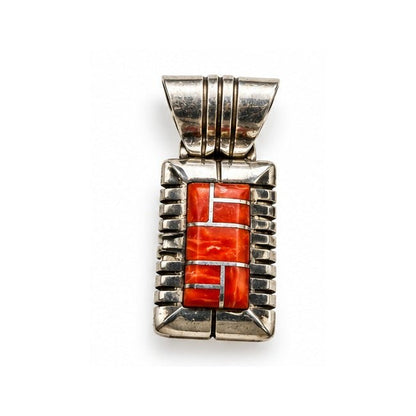 C. Benally Sterling Silver Rectangular Pendant with Coral-Color Geometric Inlay - Turquoise Mustang