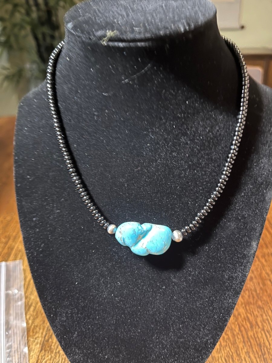 15" Black Onyx Choker with Large Turquoise Nugget - Turquoise Mustang