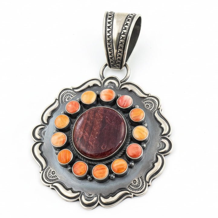 Monumental Purple and Orange Spiny Oyster Shield Pendant, Roland Dixon - Turquoise Mustang