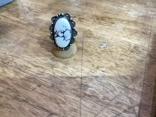 Ring, Wild Horse Magnasite, Oval center with cut rope and stamped bezel DN - Turquoise Mustang