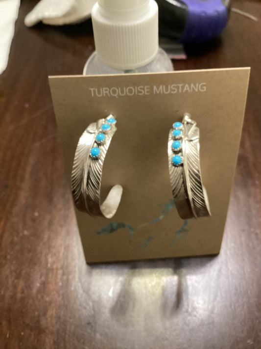Earrings, All Sliver, large Half Hoops Feathers with 4 SB cabs, posts, Byron Begay (1) - Turquoise Mustang